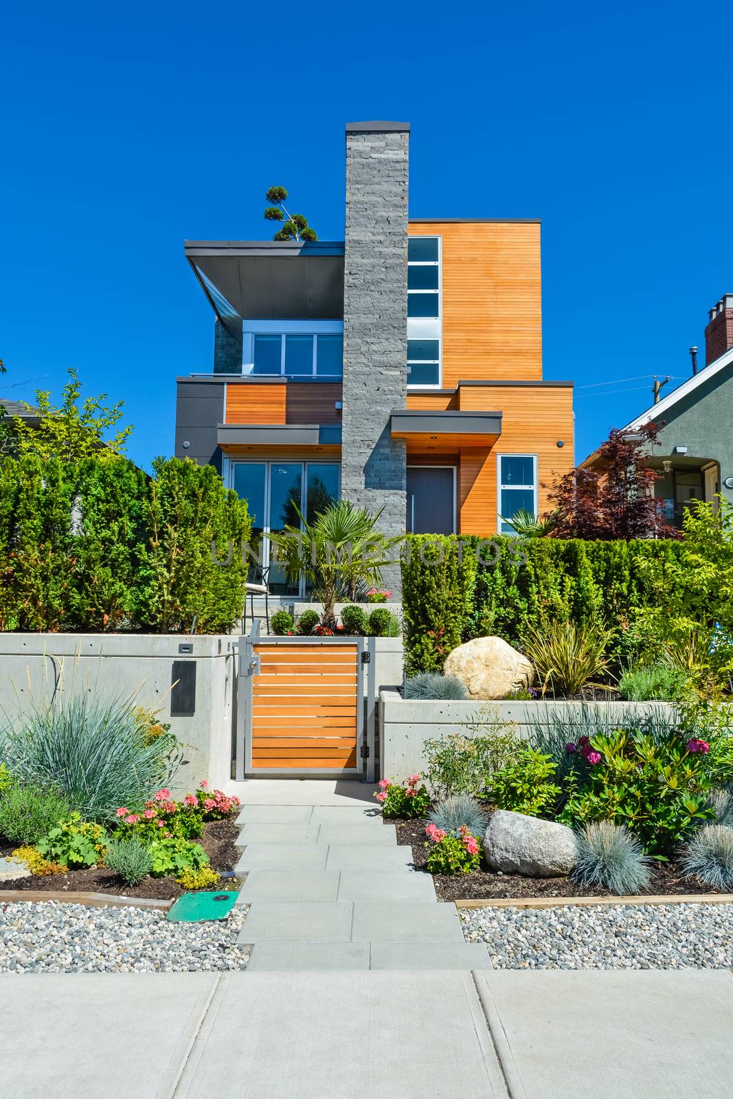 Luxury family house with delicatedly landscaped front yard. New modern residential house with concrete pathway in front