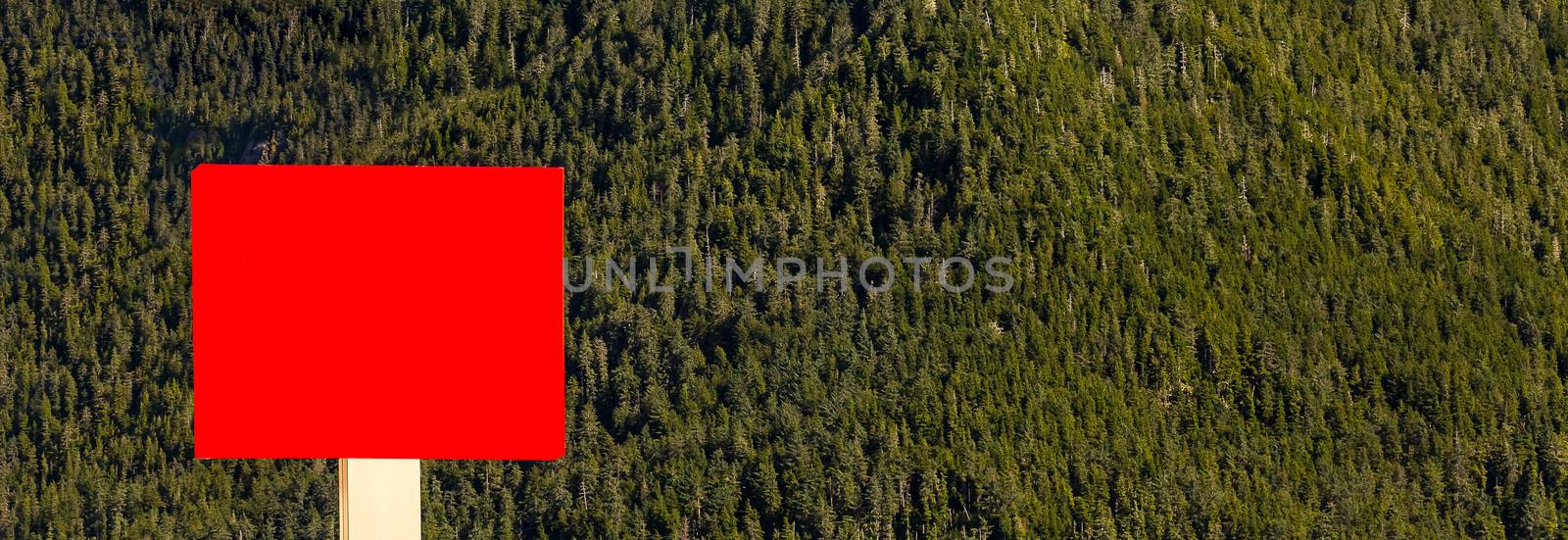 Blank red sign in front of a green forest by DamantisZ