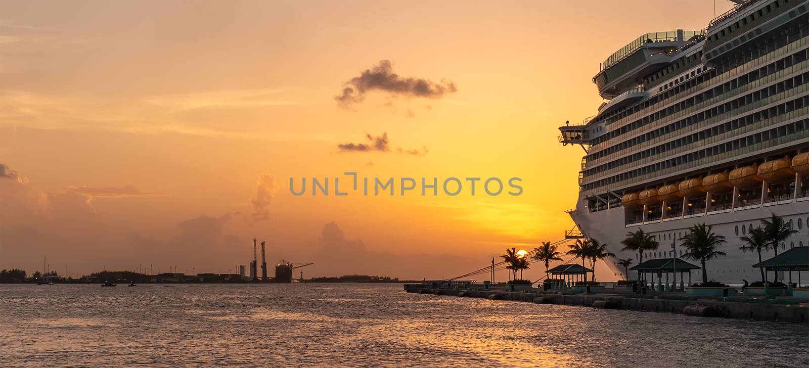 Luxurious cruise liner at sunset, docked in port by DamantisZ