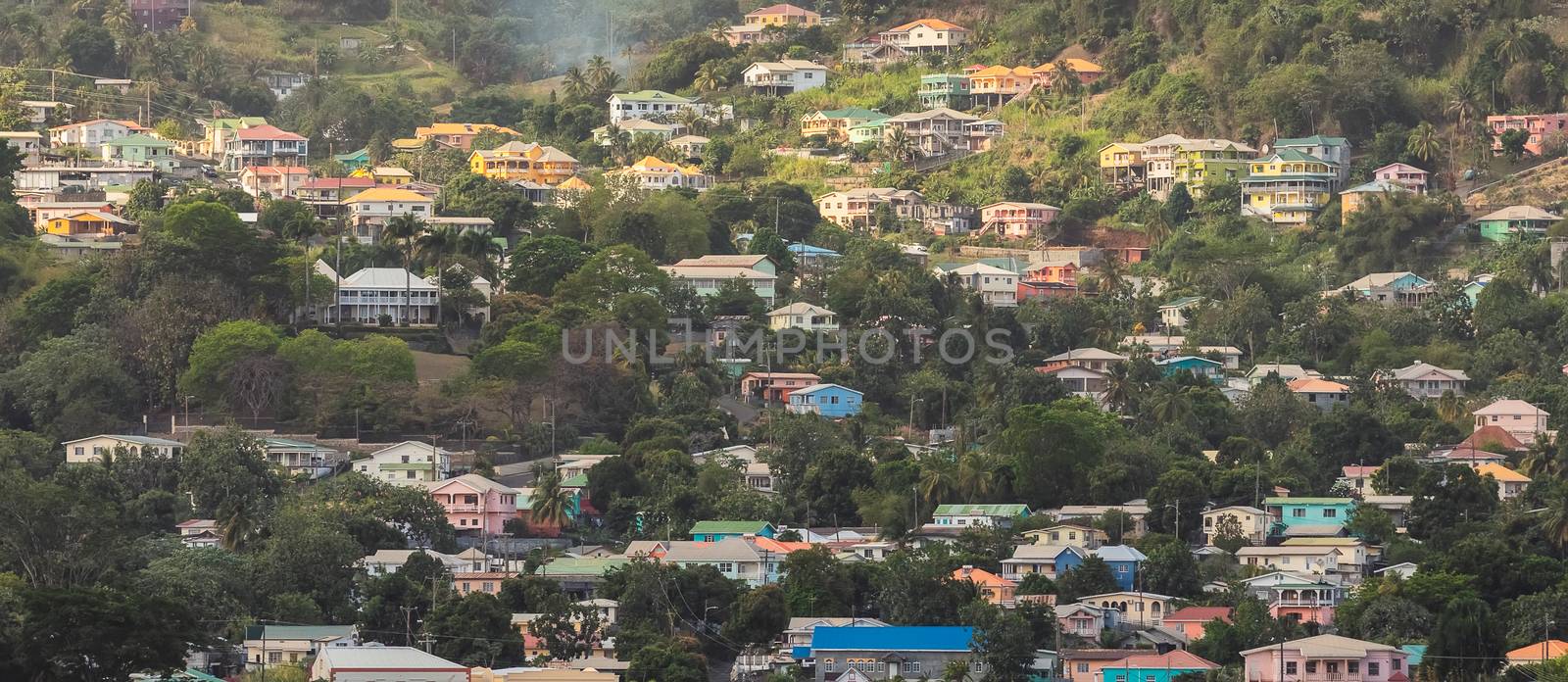 Aerial view of houses on St. Vincent island in the Caribbean