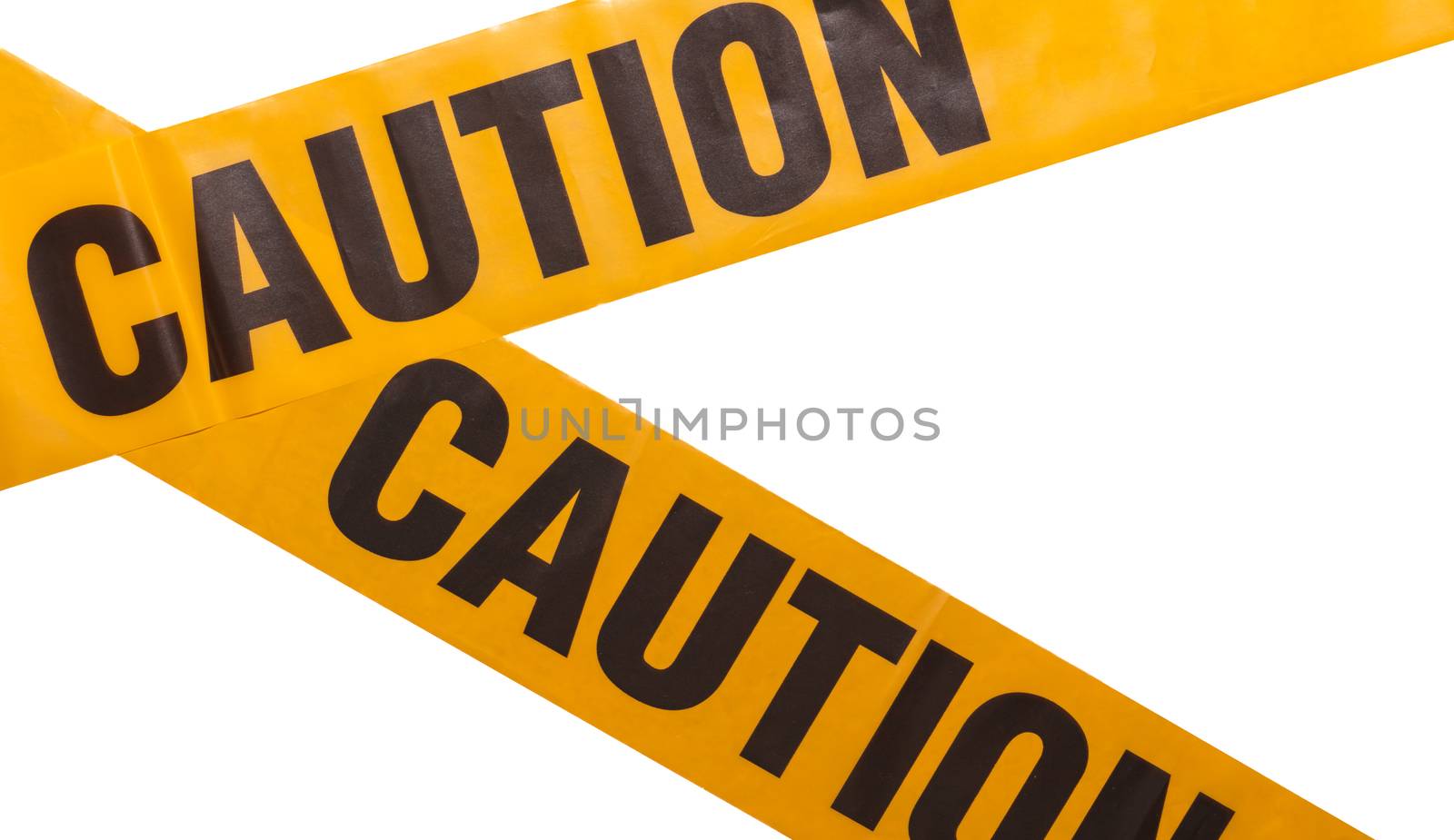 Yellow caution tapes crossing. Isolated. White background. Protection against viruses, bacteria, and germs. Quarantine area. Police barrier.