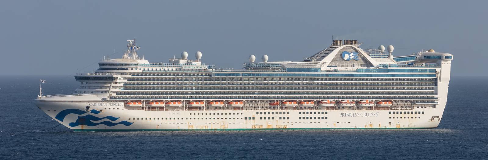Carlisle Bay, Barbados, West Indies - May 16, 2020: Caribbean Princess cruise ship anchored next to Barbados