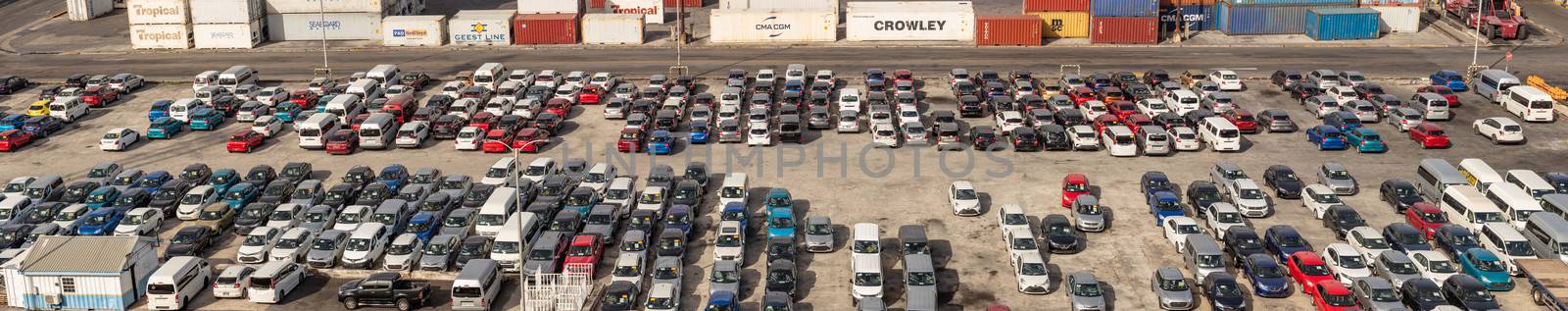 Bridgetown port, Barbados, West Indies - May 16, 2020: Bridgetown port. Car storage lot. Various brand new cars. Aerial view.