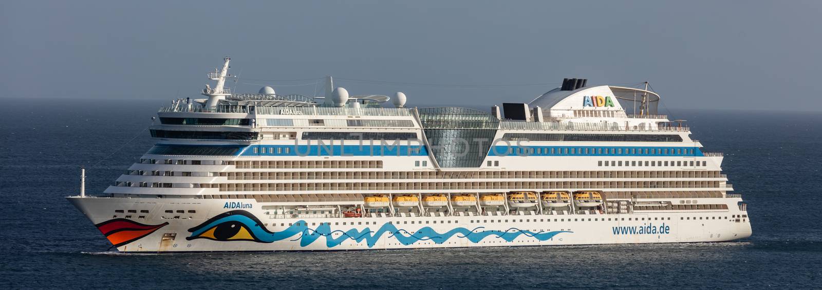 Carlisle Bay, Barbados, West Indies - May 16, 2020: Aida Luna cruise ship anchored next to Barbados