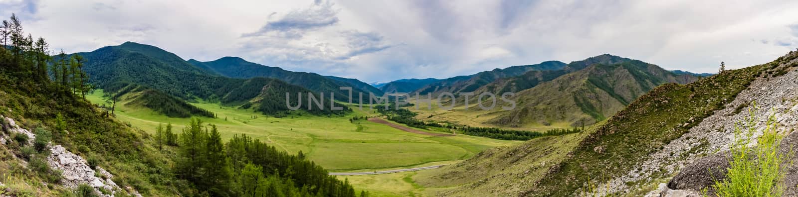 Panoramic view of Chike-Taman pass. Exit road. Altai Republic, Siberia Russia
