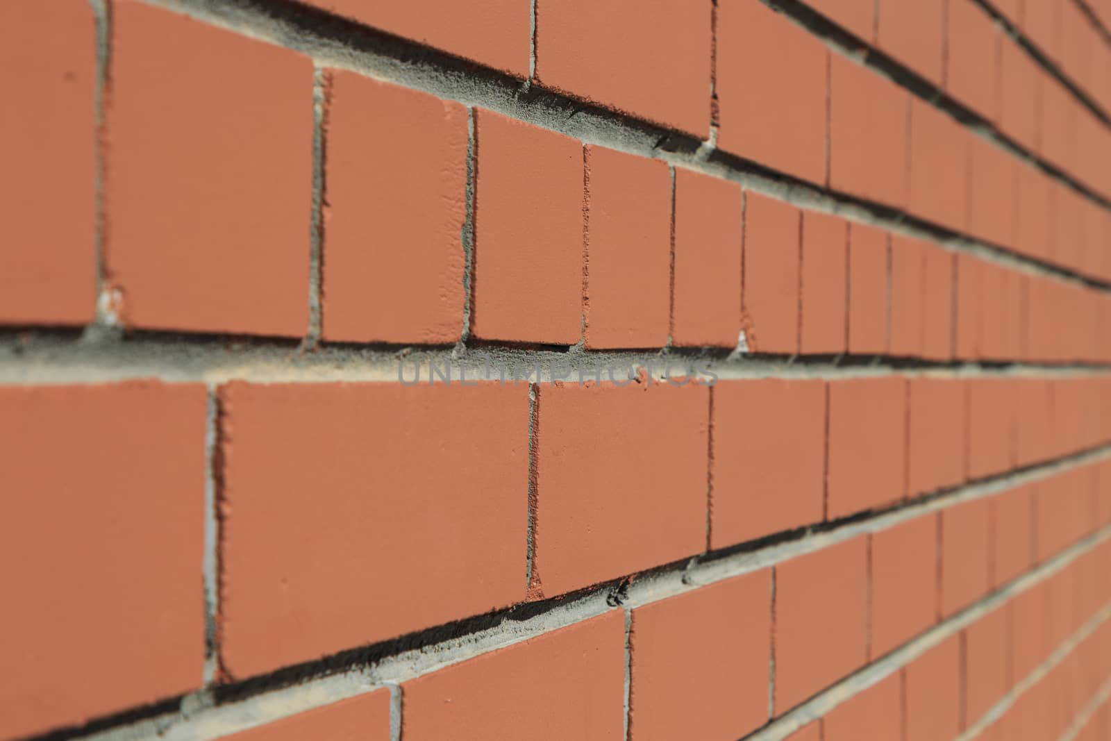 Brown brick wall at a 45 degree angle. Front close-up view.
