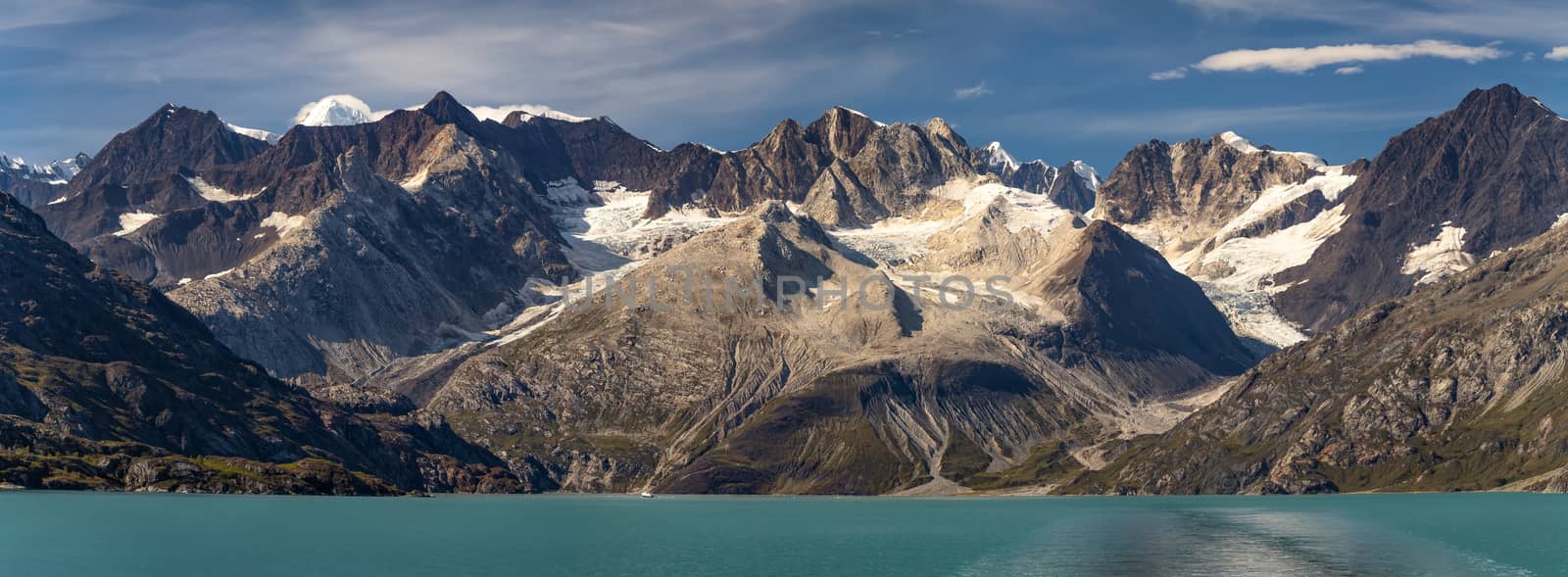 Beautiful panoramic view of mountains in Glacier Bay national park in Alaska.