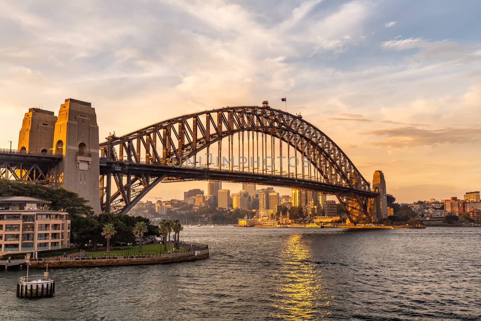 View of Sydney Harbor Bridge at sunset