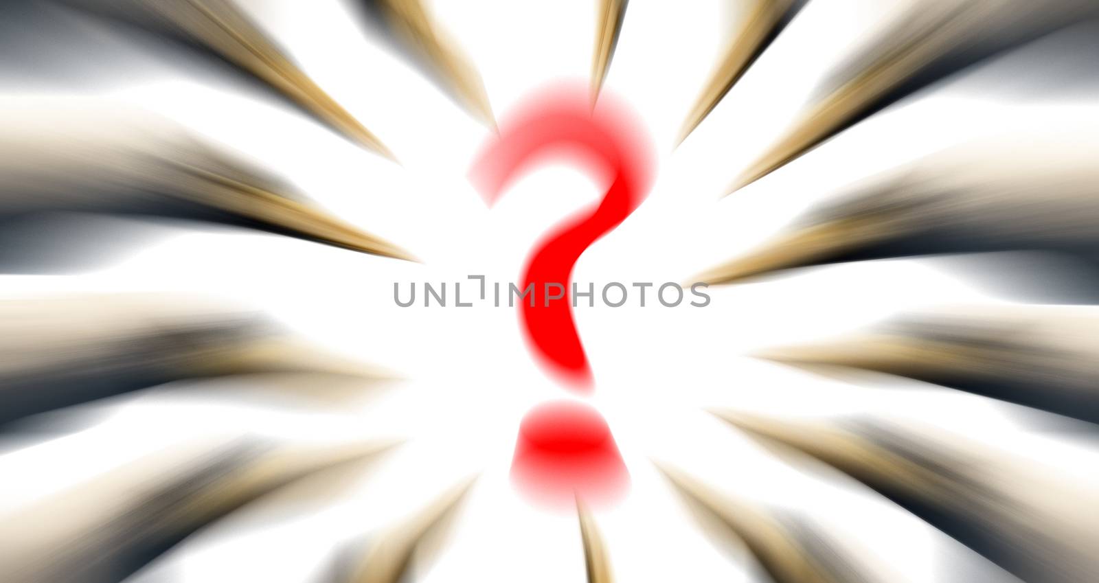 Question mark in red color on white background with a bunch of beaks surrounding it. Blurred image. Illustration.