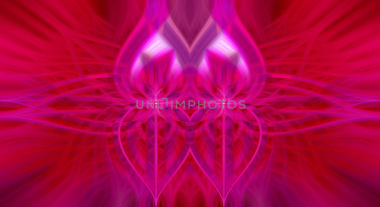 Beautiful abstract intertwined 3d fibers forming an ornament made of various symmetrical shapes. Pink, purple, and red colors. Illustration.