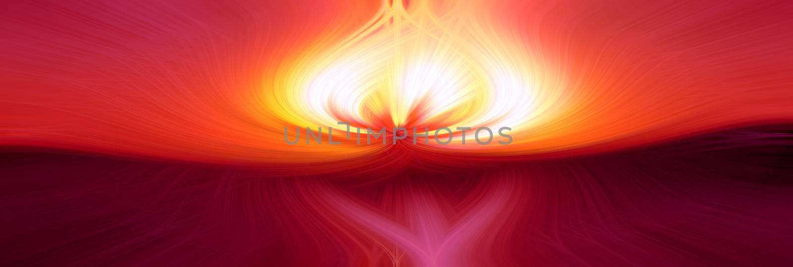 Beautiful abstract intertwined 3d fibers forming a shape of flame. Yellow, bright red and purple colors. Illustration. Panorama size.