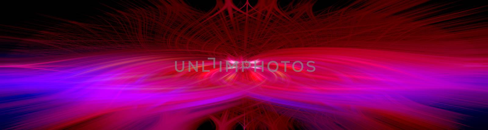 Beautiful abstract intertwined 3d fibers forming an ornament made of various symmetrical shapes. Purple, red, and blue colors. Red and black background. Illustration. Panorama size
