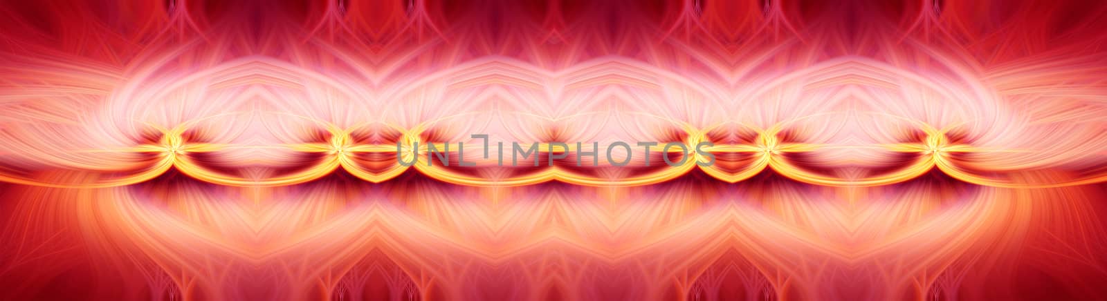 Beautiful abstract intertwined 3d fibers forming an ornament out of various symmetrical shapes. Purple, pink, red, and yellow colors. Illustration. Panorama and banner size.
