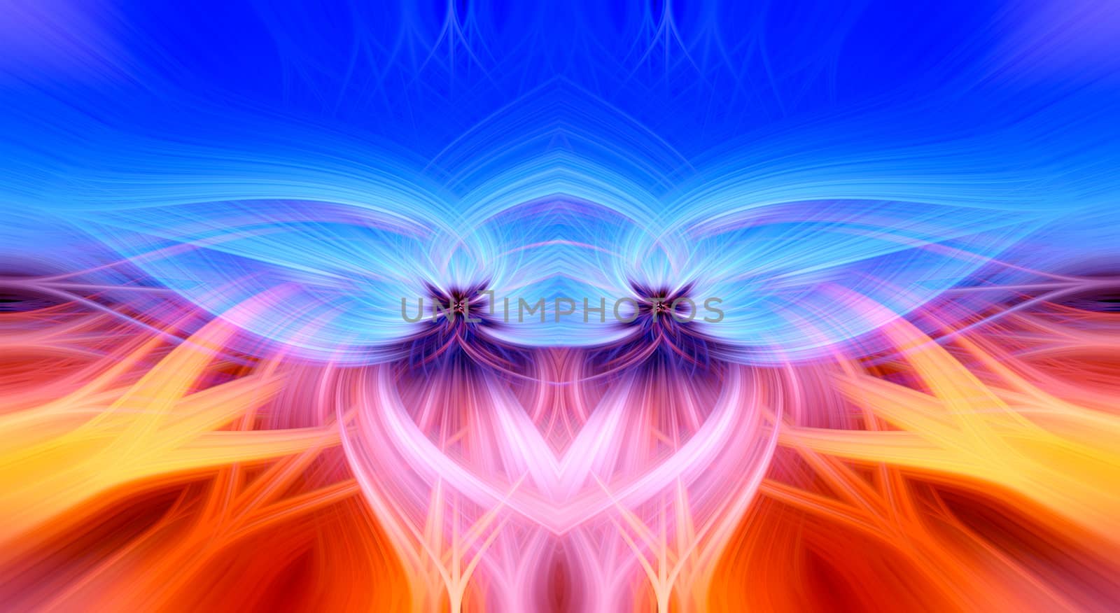 Beautiful abstract intertwined 3d fibers forming an ornament out of various symmetrical shapes. Purple, pink, red, orange, and blue colors. Illustration.