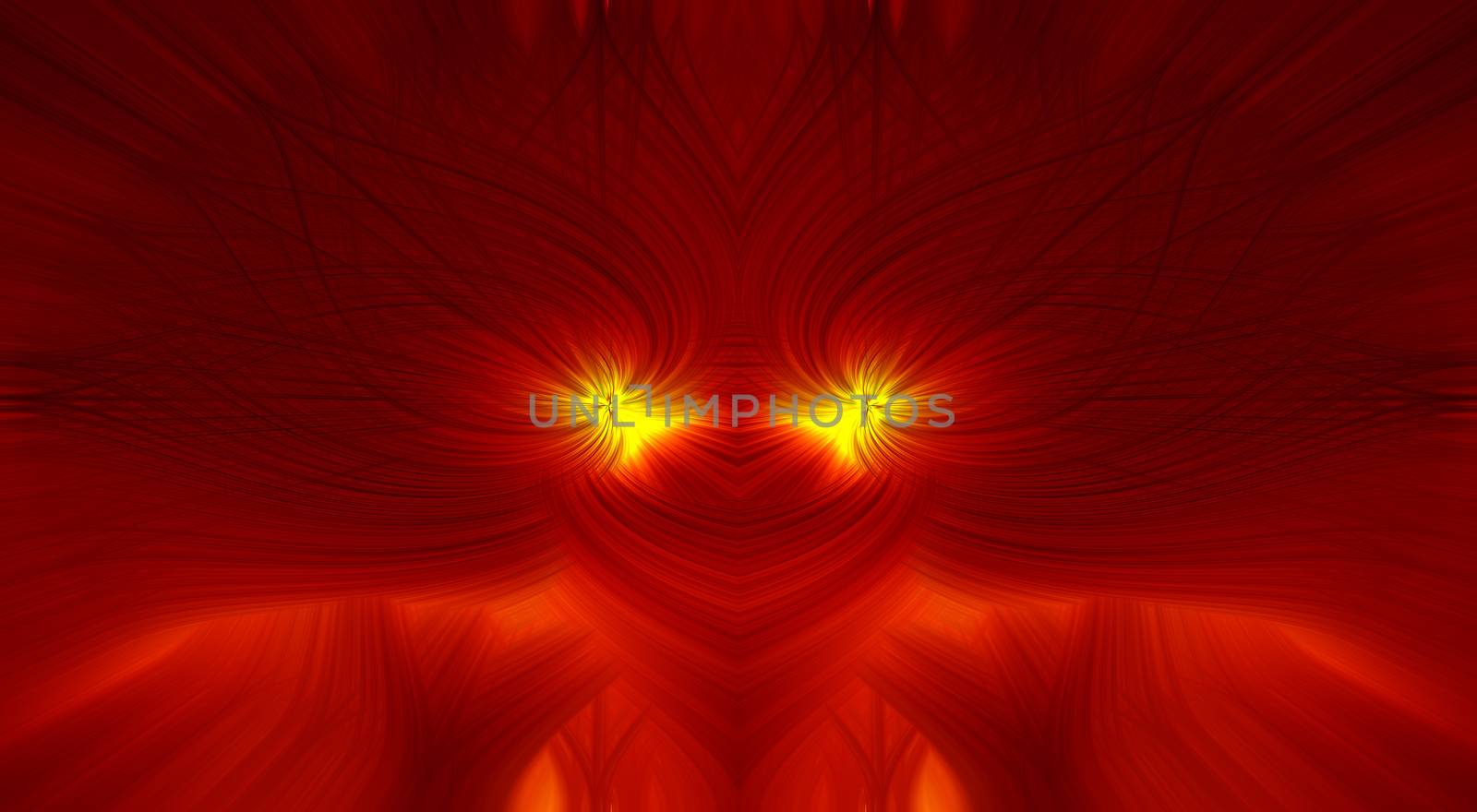 Beautiful abstract intertwined 3d fibers forming an ornament out of various symmetrical shapes that look like a dragons head with 2 yellow eyes. Yellow, red, and orange colors. Illustration.