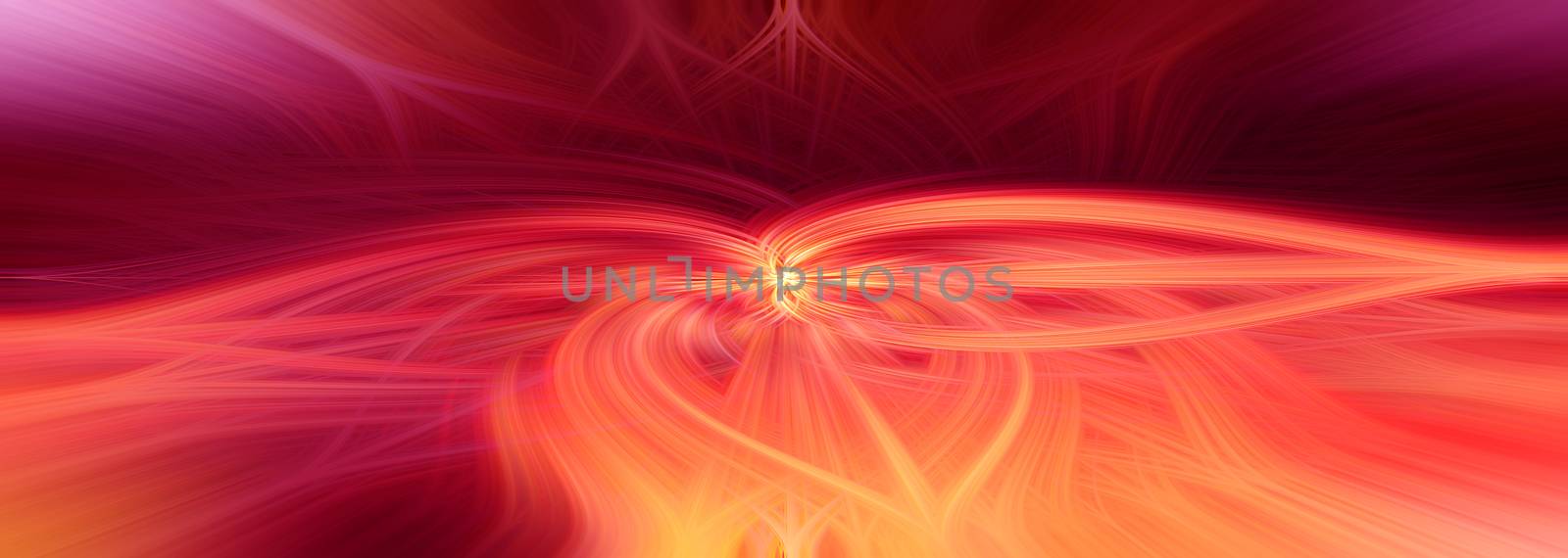 Beautiful abstract intertwined 3d fibers forming an ornament made of various shapes. Red, orange, and purple colors. Illustration. Panorama size.