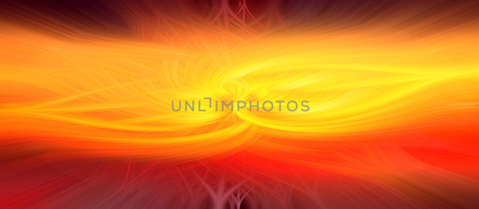 Abstract intertwined 3d fibers forming a shape of flame and sparkle Yellow, bright red and orange colors. Illustration. Panorama size
