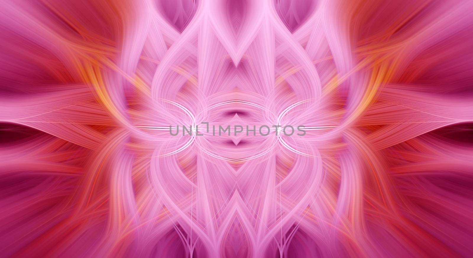 Beautiful abstract intertwined 3d fibers forming an ornament out of various symmetrical shapes. Purple, pink, red, yellow colors. Illustration.