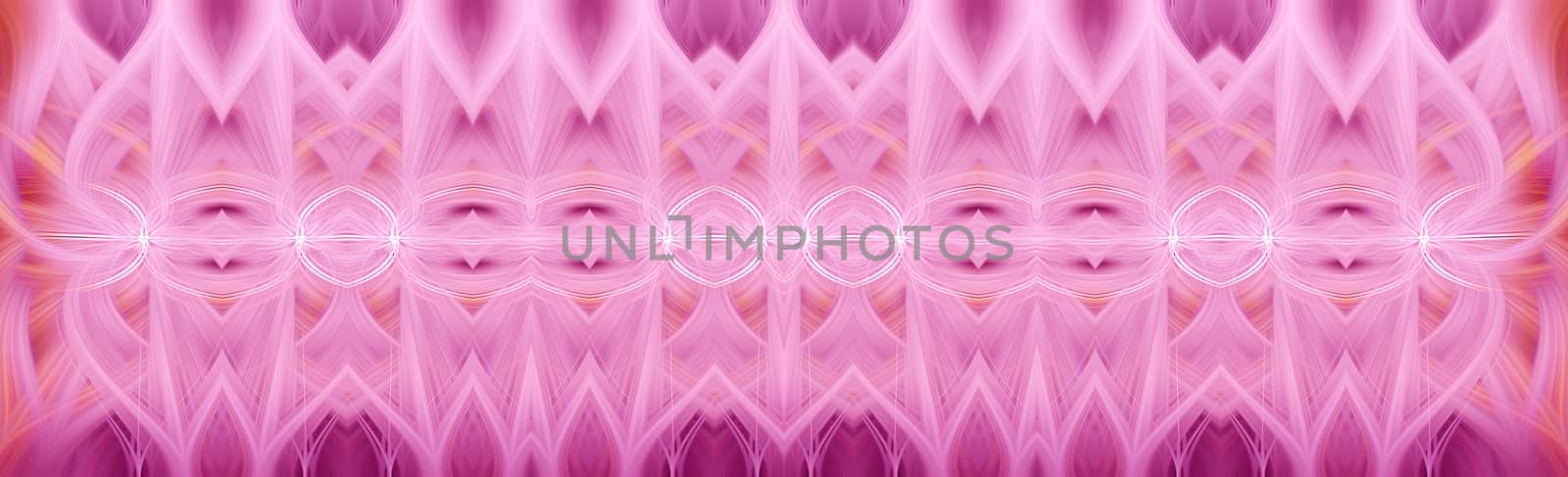 Beautiful abstract intertwined 3d fibers forming an ornament out of various symmetrical shapes. Purple, pink, red, yellow colors. Illustration. Panorama and banner size.