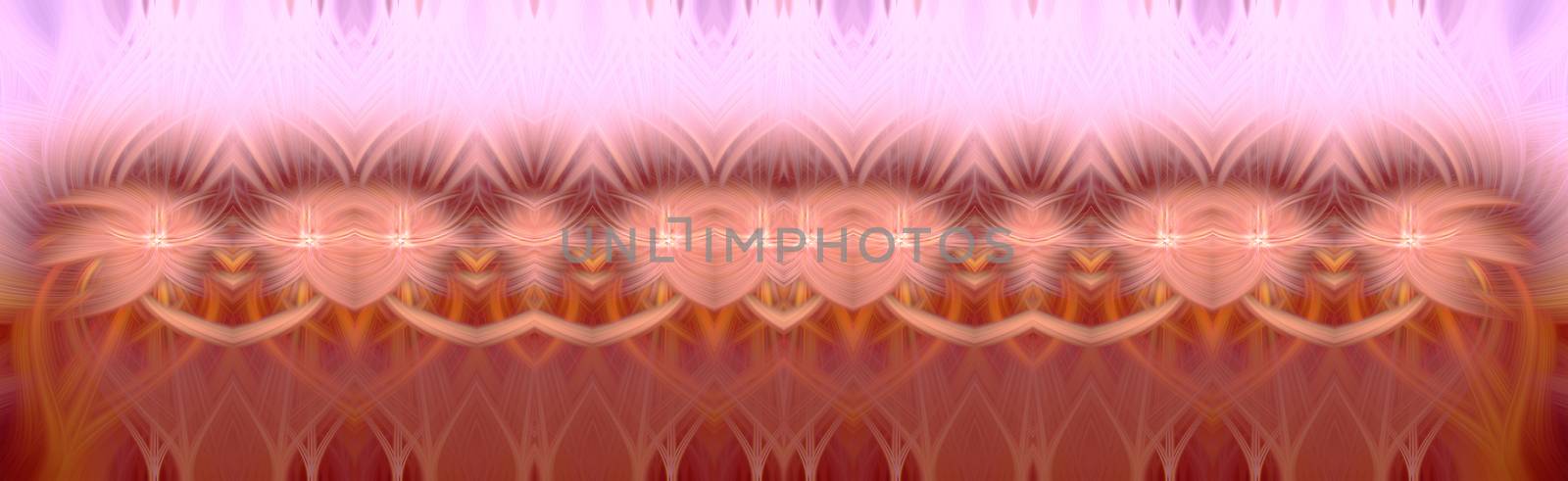 Beautiful abstract intertwined 3d fibers forming an ornament out of various symmetrical shapes. Purple, pink, and orange colors. Illustration. Panorama and banner size.