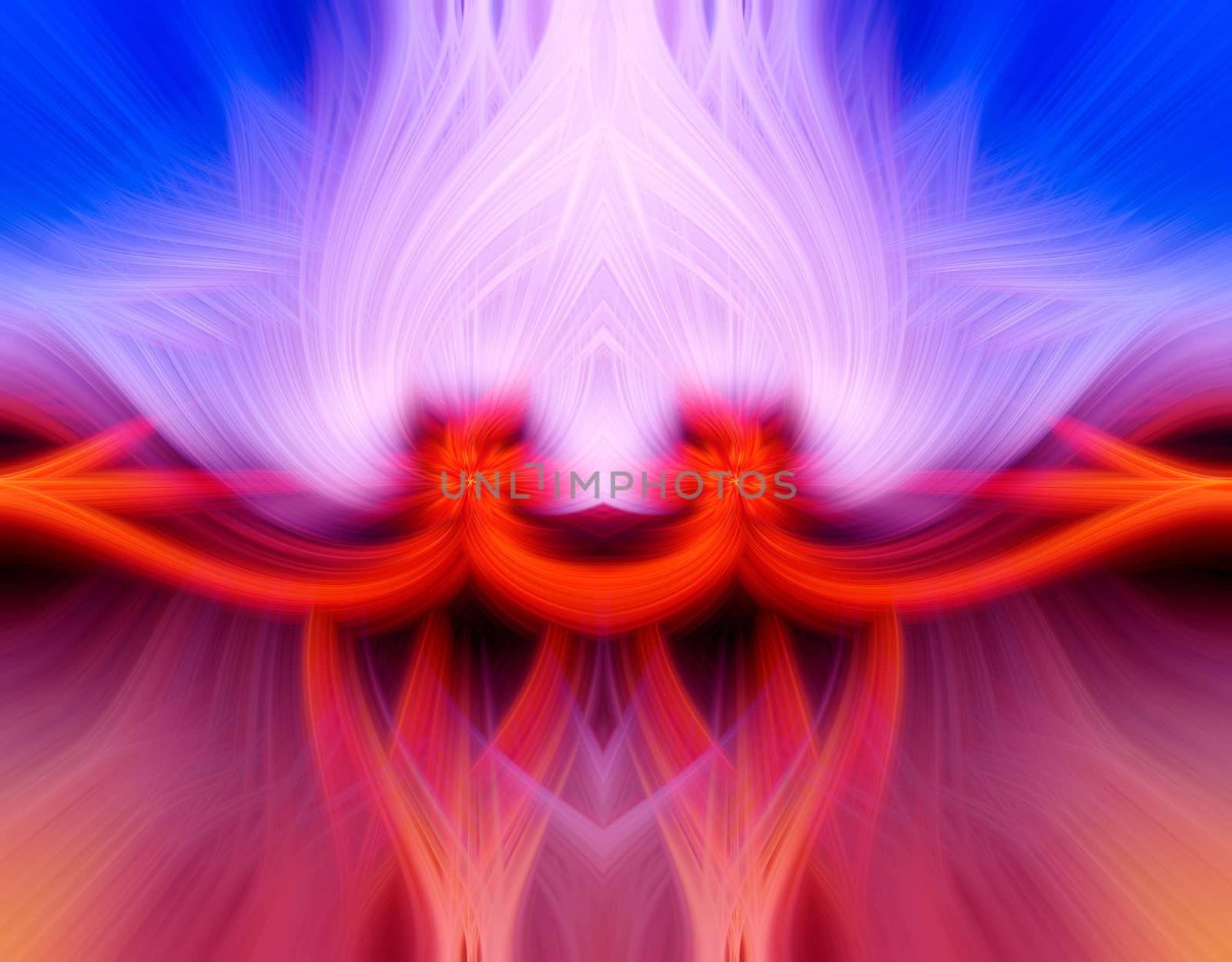 Beautiful abstract intertwined 3d fibers forming an ornament out of various symmetrical shapes. Shape of a white flame in the middle. Purple, pink, red, and blue colors. Illustration.