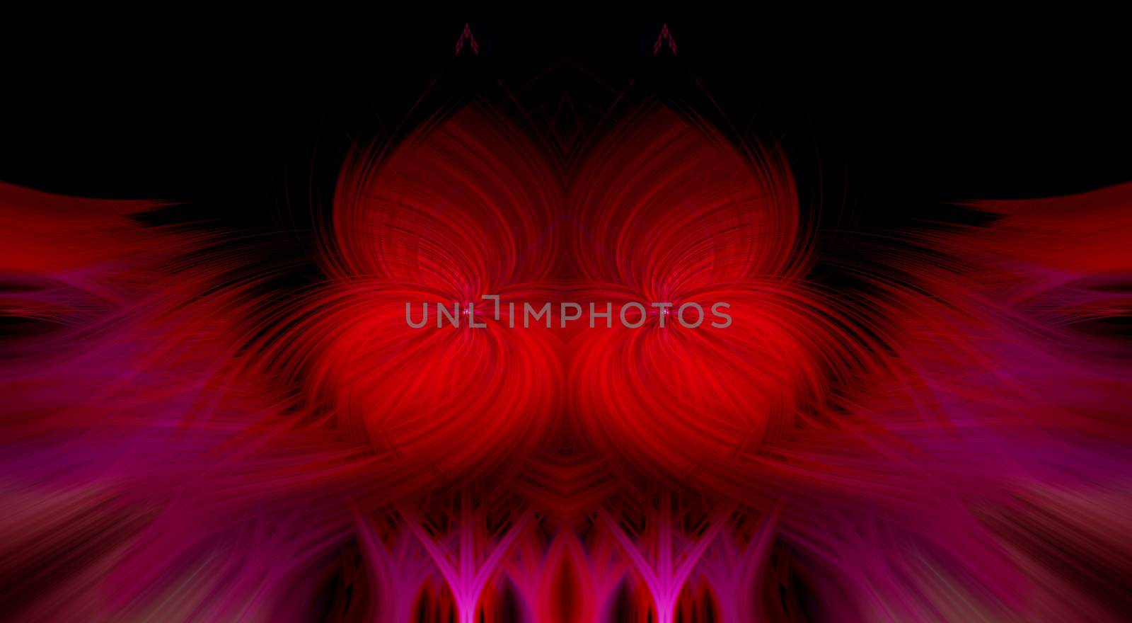 Beautiful abstract intertwined 3d fibers forming an ornament out of various symmetrical shapes. Purple and red colors. Black background. Illustration.