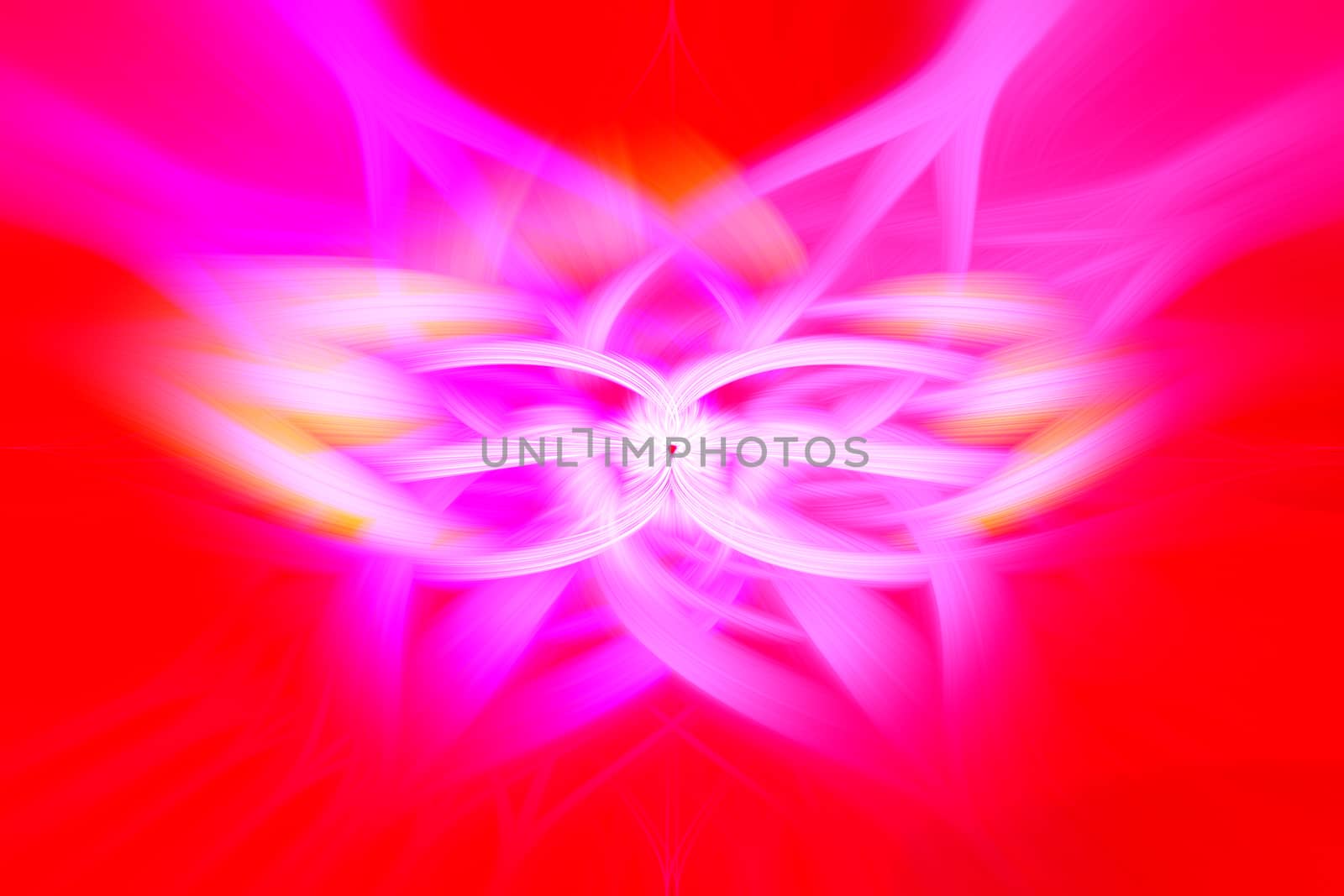 Beautiful abstract intertwined 3d fibers forming an ornament out of various symmetrical shapes. Purple, pink, yellow, and red colors. Illustration.