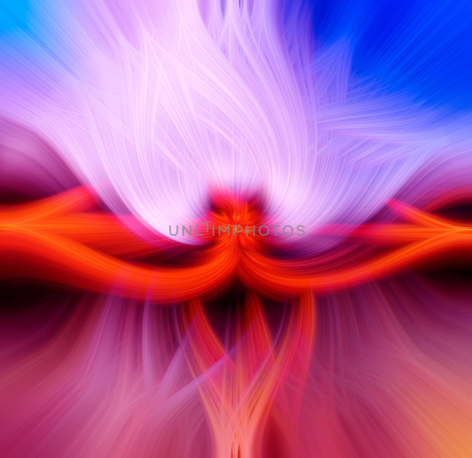 Beautiful abstract intertwined 3d fibers forming an ornament out of various symmetrical shapes. Shape of a white flame in the middle. Purple, pink, red, and blue colors. Illustration.