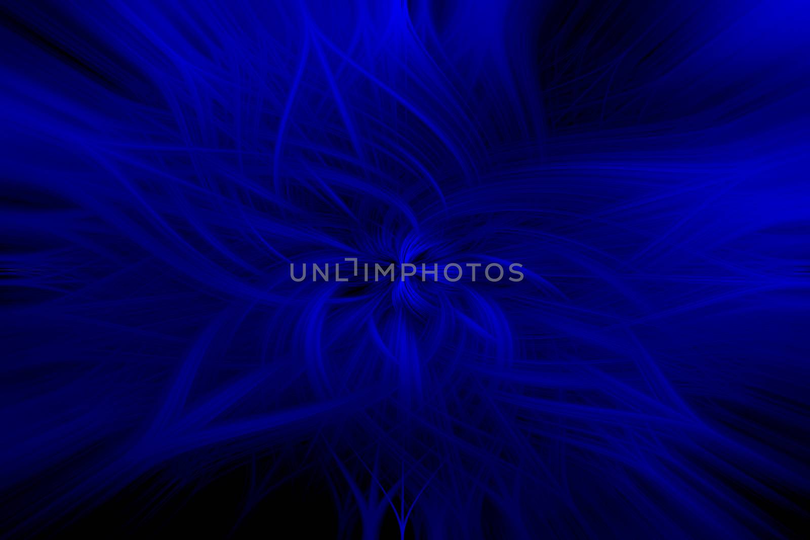 Beautiful abstract intertwined 3d fibers forming an ornament out of various symmetrical shapes. Blue color. Black background. Illustration.