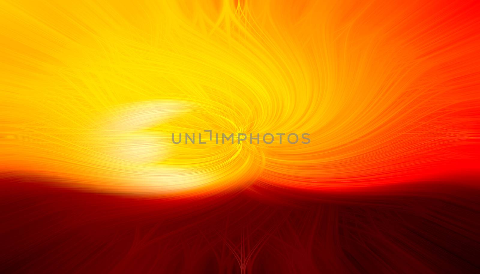 Beautiful abstract intertwined 3d fibers forming a shape of flame and sparkle Yellow, bright and dark red, orange colors. Illustration.