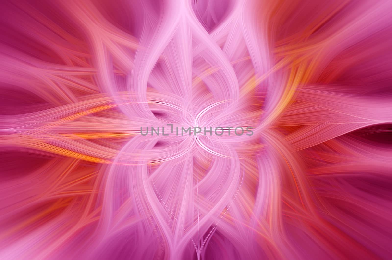 Beautiful abstract intertwined 3d fibers forming an ornament out of various symmetrical shapes. Purple, pink, red, yellow colors. Illustration.