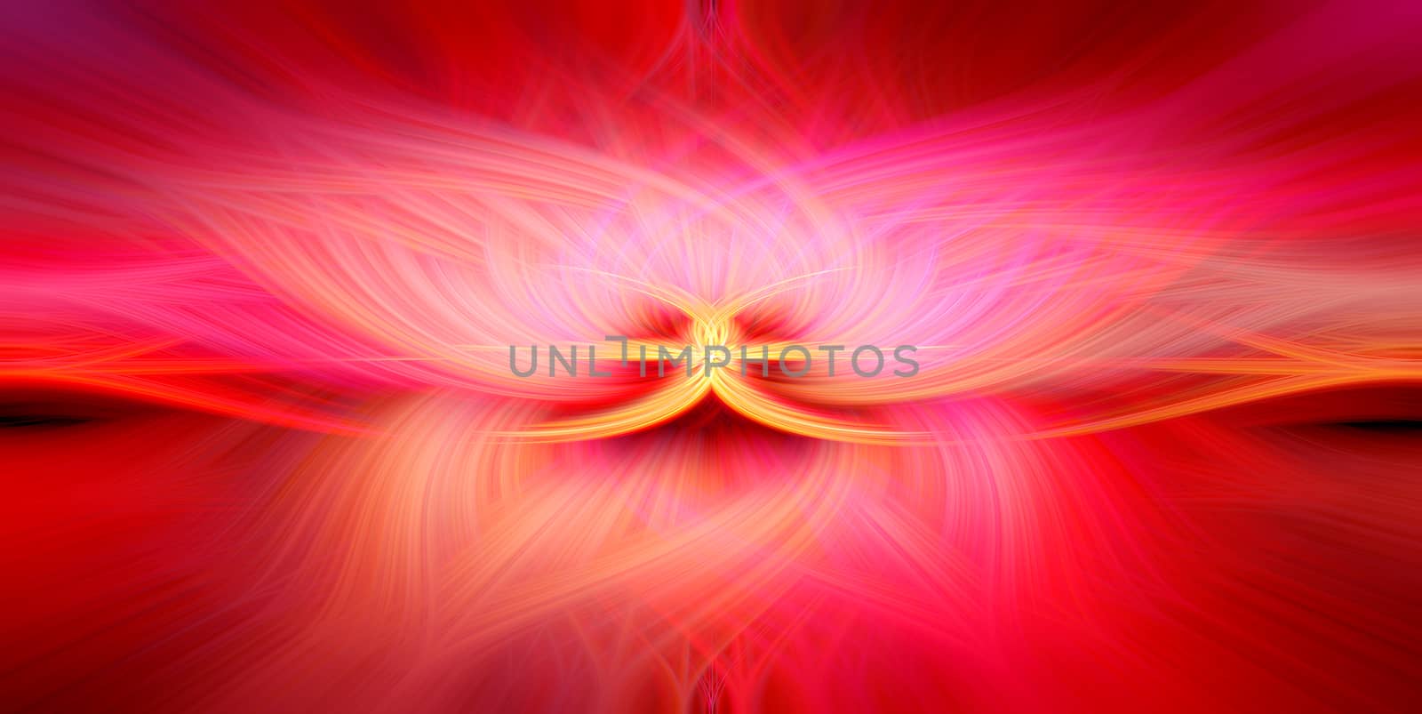 Beautiful abstract intertwined 3d fibers forming an ornament out of various symmetrical shapes. Purple, pink, red, yellow, and blue colors. Illustration. Banner size.