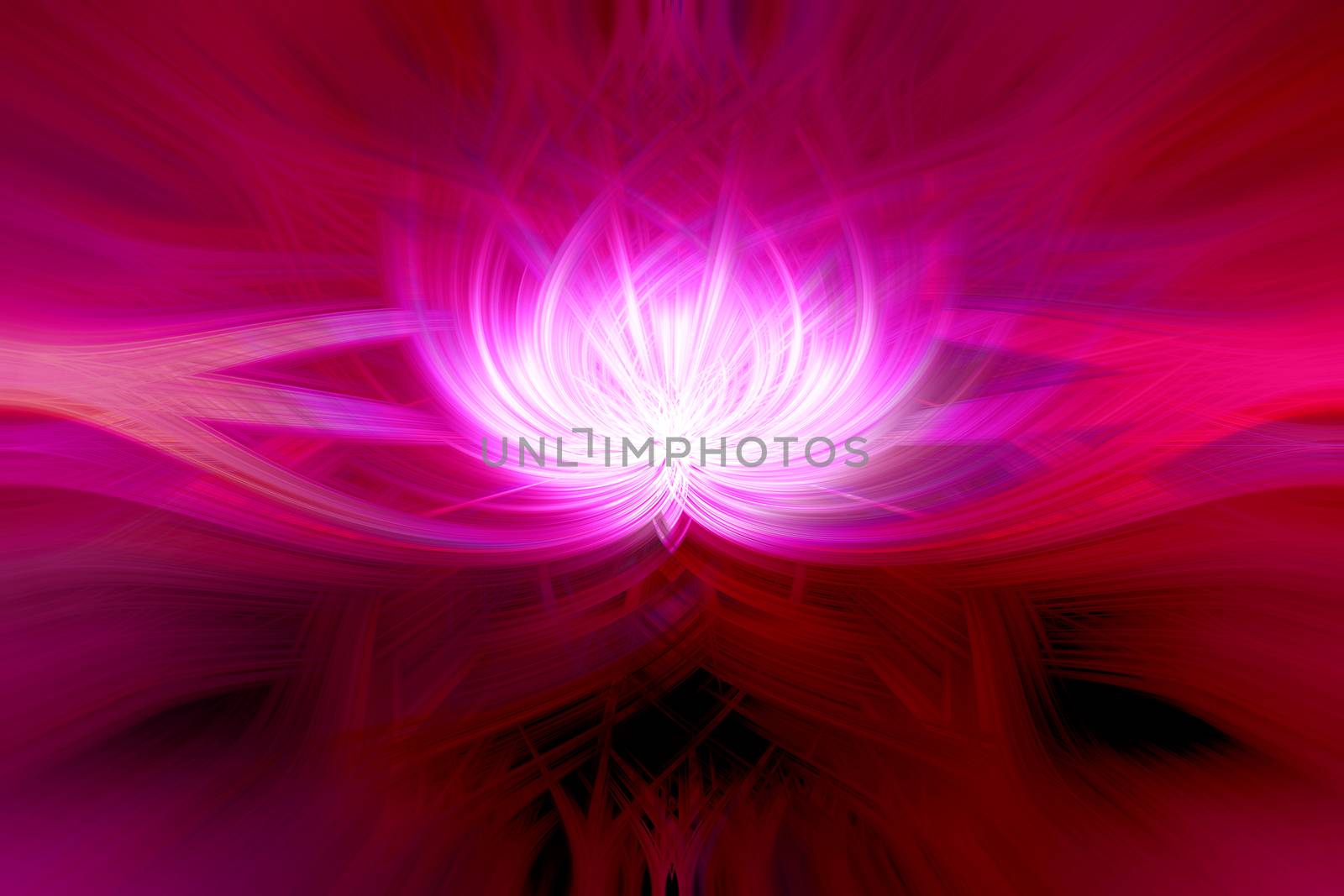 Beautiful abstract intertwined 3d fibers forming a shape of a flower or flame. Purple, red and pink colors. Symmetrical illustration.