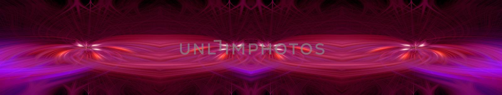 Beautiful abstract intertwined 3d fibers forming an ornament out of various symmetrical shapes. Purple, red, and blue colors. Black background. Banner size. Illustration.