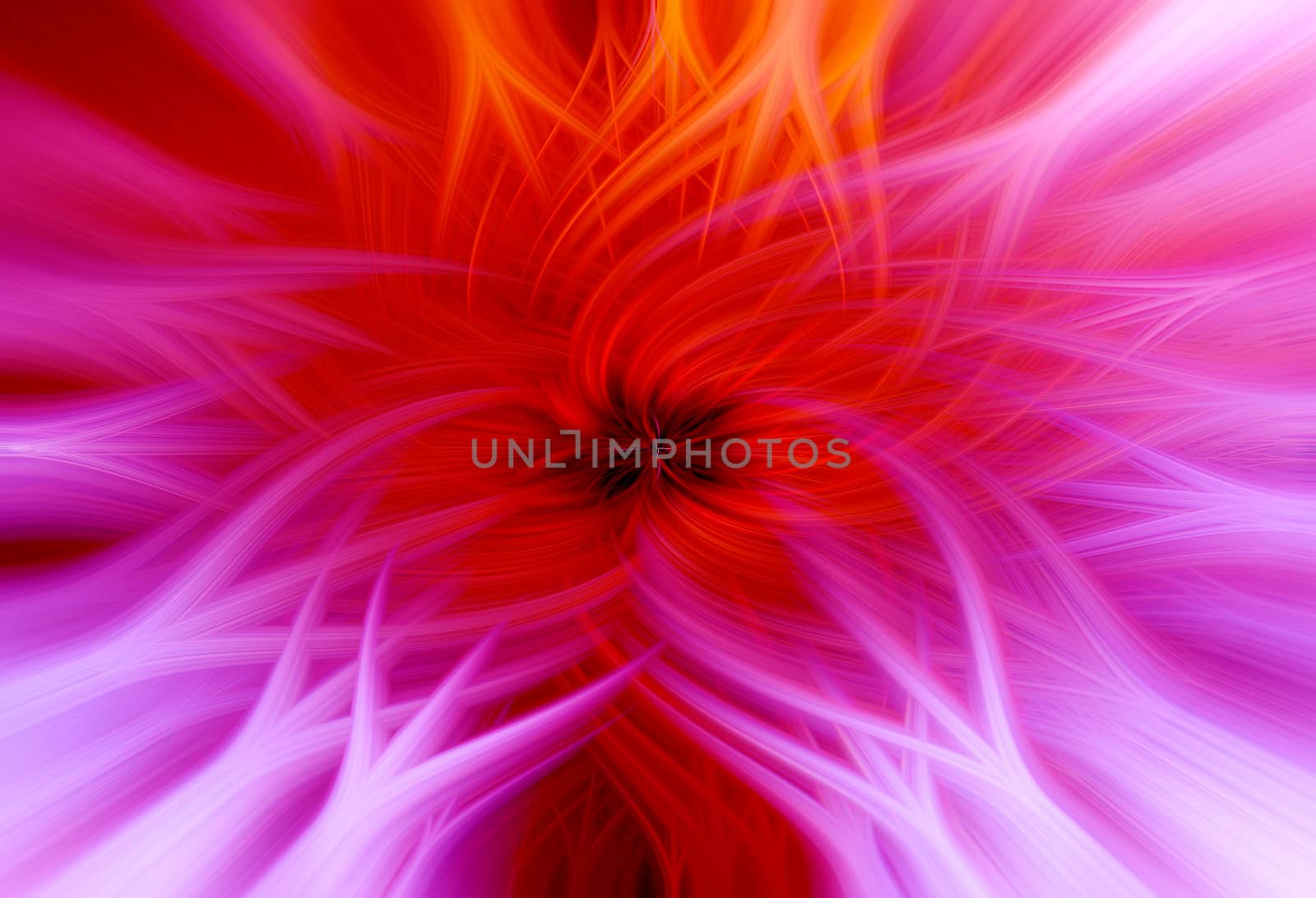 Beautiful abstract intertwined 3d fibers forming an ornament out of various symmetrical shapes. Flower shape in the middle. Purple, pink, red, yellow colors. Illustration.