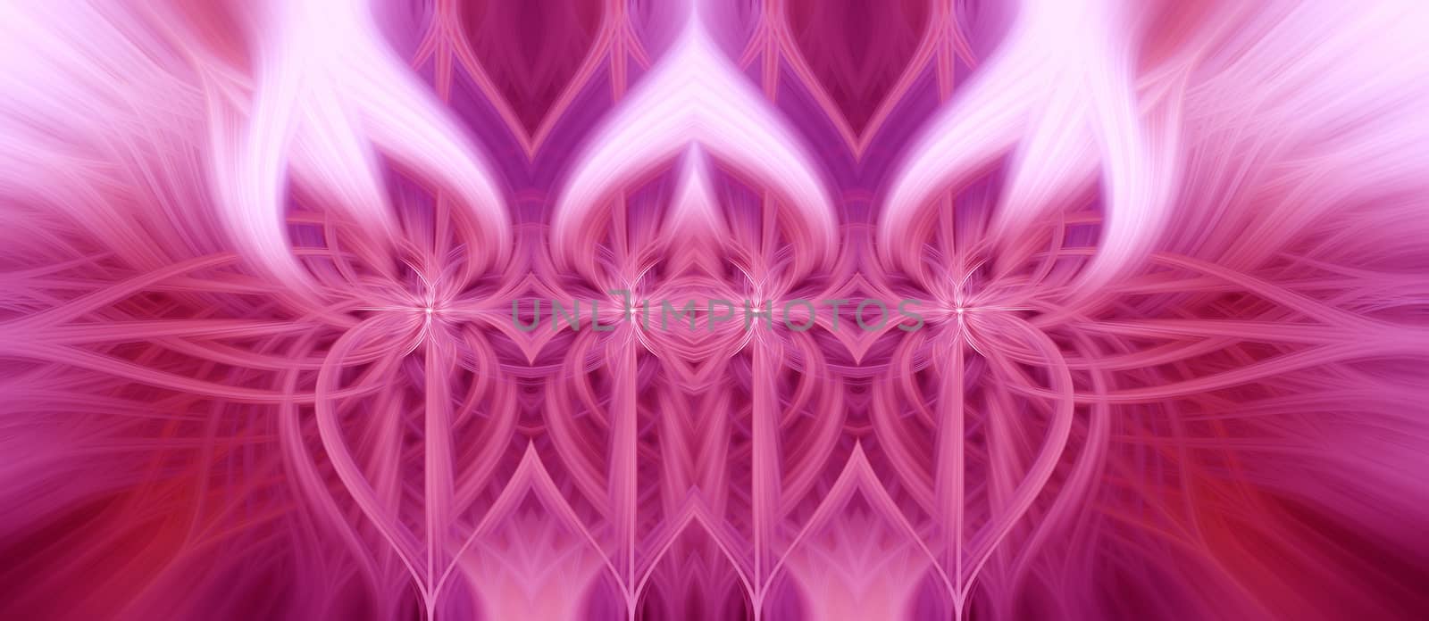 Beautiful abstract intertwined 3d fibers forming an ornament out of various symmetrical shapes. White flame in the middle. Purple and pink colors. Illustration. Panorama and banner size.