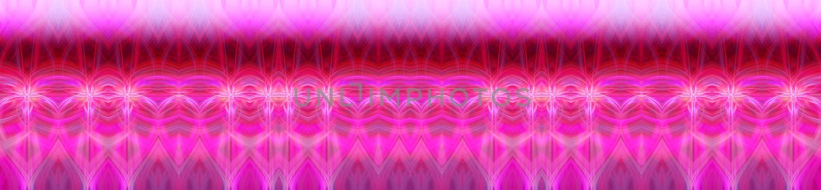 Beautiful abstract intertwined 3d fibers forming an ornament out of various symmetrical shapes. Purple, pink, red colors. Illustration. Panorama and banner size.