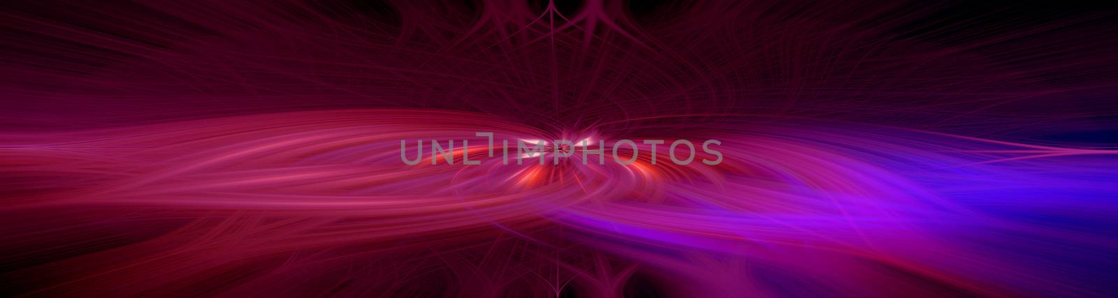 Beautiful abstract intertwined 3d fibers forming an ornament out of various symmetrical shapes. Purple, red, and blue colors. Black background. Banner size. Illustration.