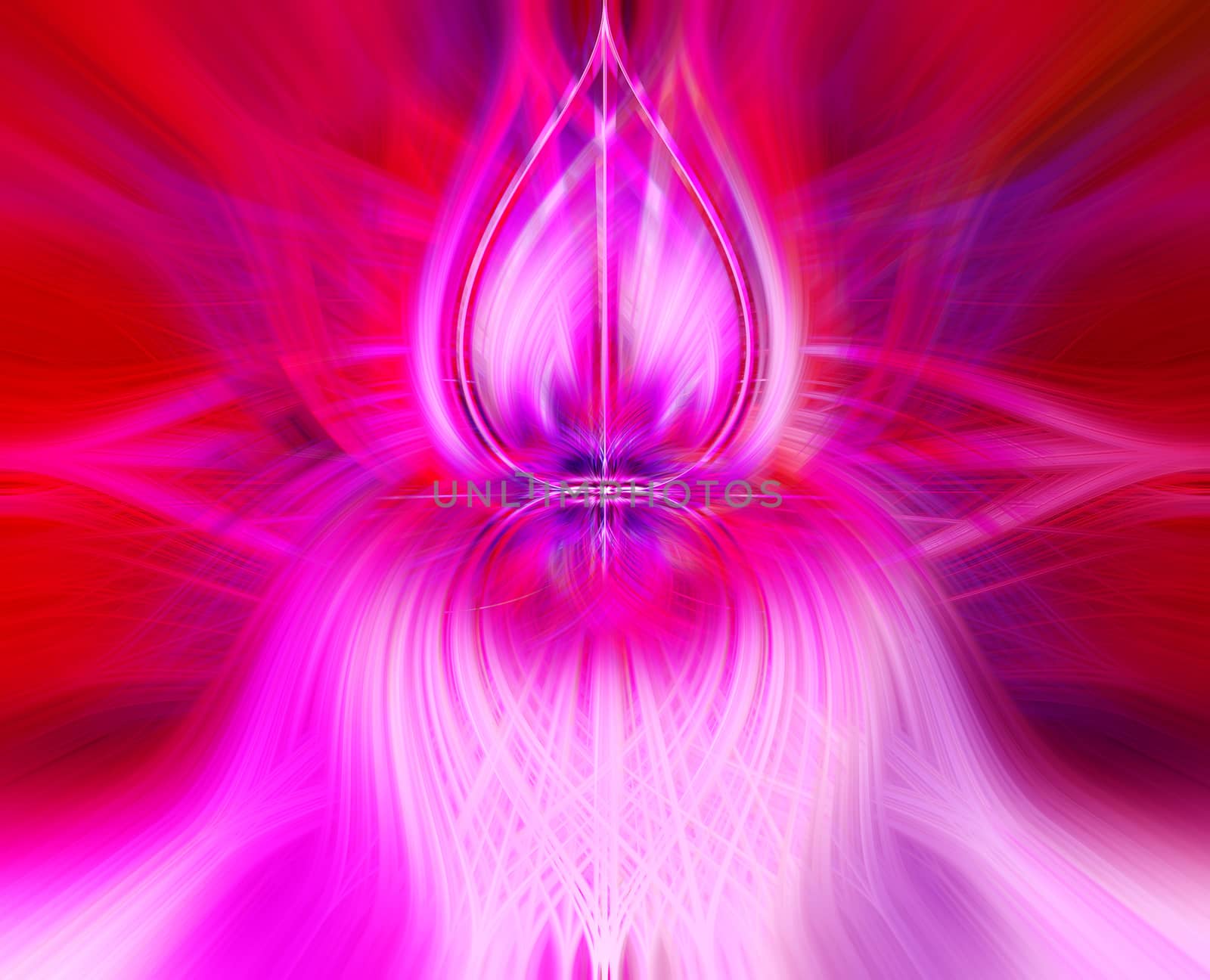Beautiful abstract intertwined 3d fibers forming an ornament out of various symmetrical shapes. Purple, pink, red, and blue colors. Illustration.