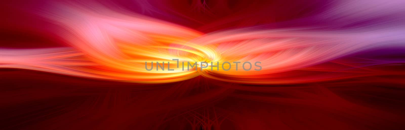 Beautiful abstract intertwined 3d fibers forming an ornament out of various symmetrical shapes. Purple, pink, red, and yellow colors. Banner size. Illustration.