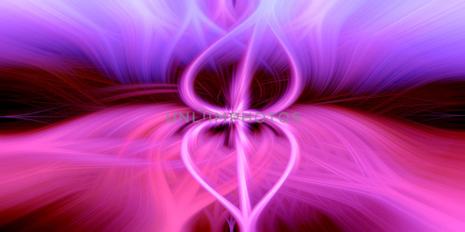 Beautiful abstract intertwined 3d fibers forming an ornament out of various symmetrical shapes. Two tied hearts in the middle. Purple, pink, and blue colors. Illustration.