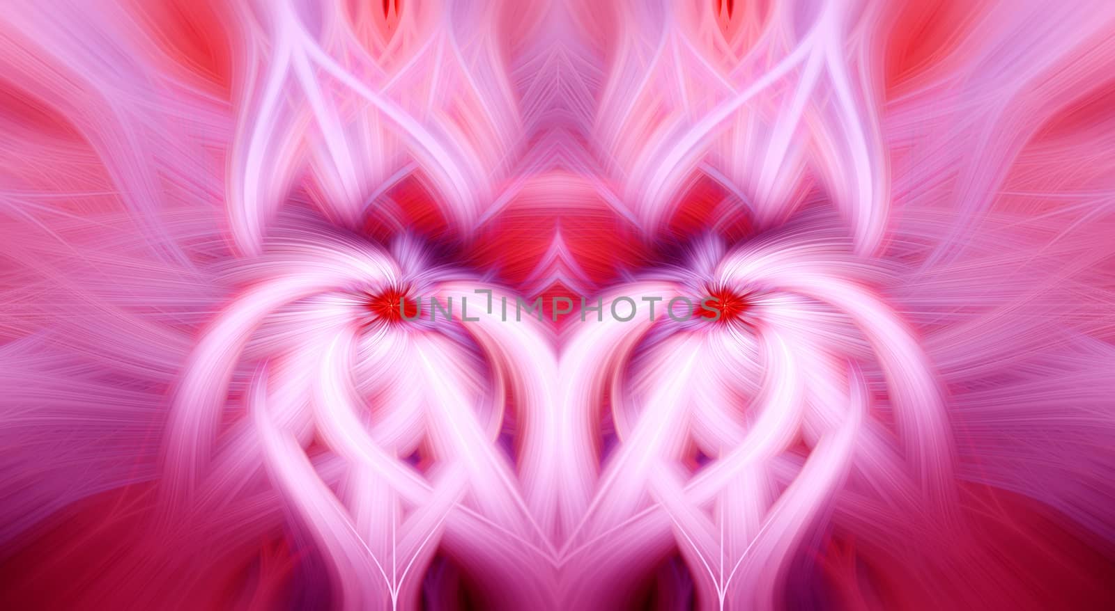 Beautiful abstract intertwined 3d fibers forming an ornament out of various symmetrical shapes. Purple, pink, red, and blue colors. Illustration.