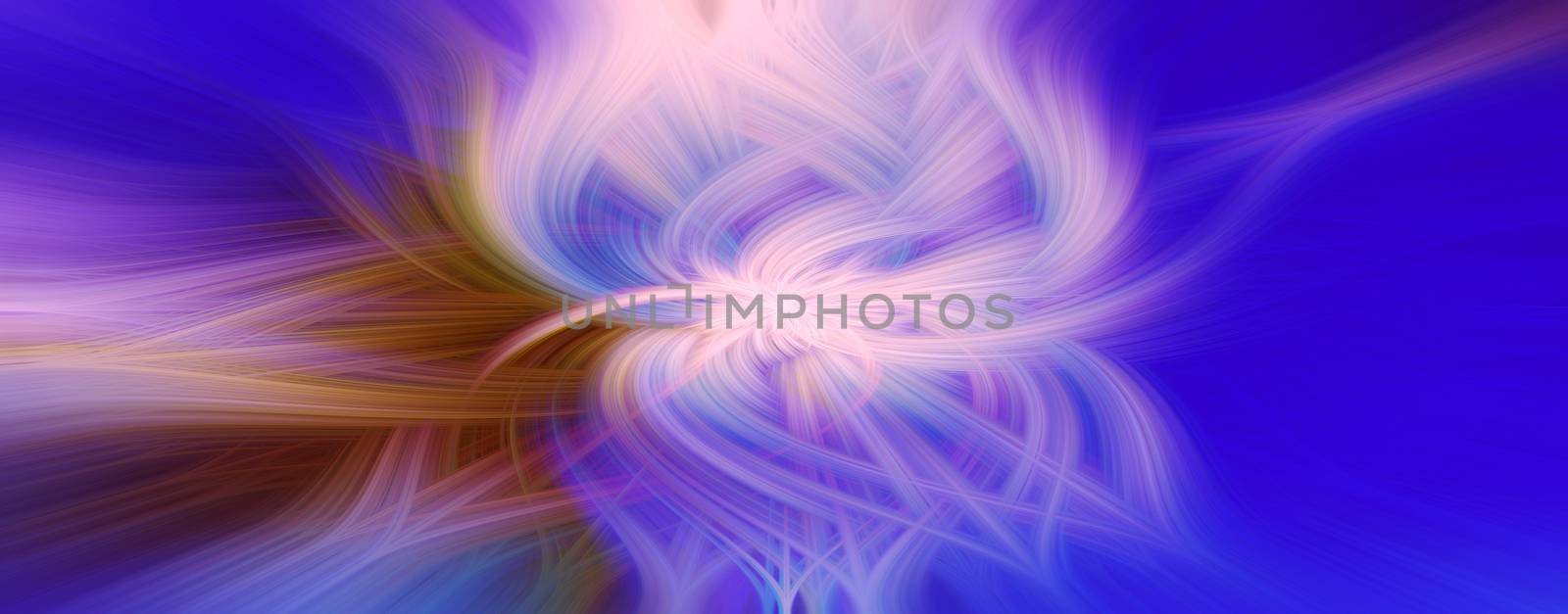 Beautiful abstract intertwined 3d fibers forming an ornament made of various shapes. Pink, purple, yellow, and blue colors. Blue background. Illustration. Panorama size.