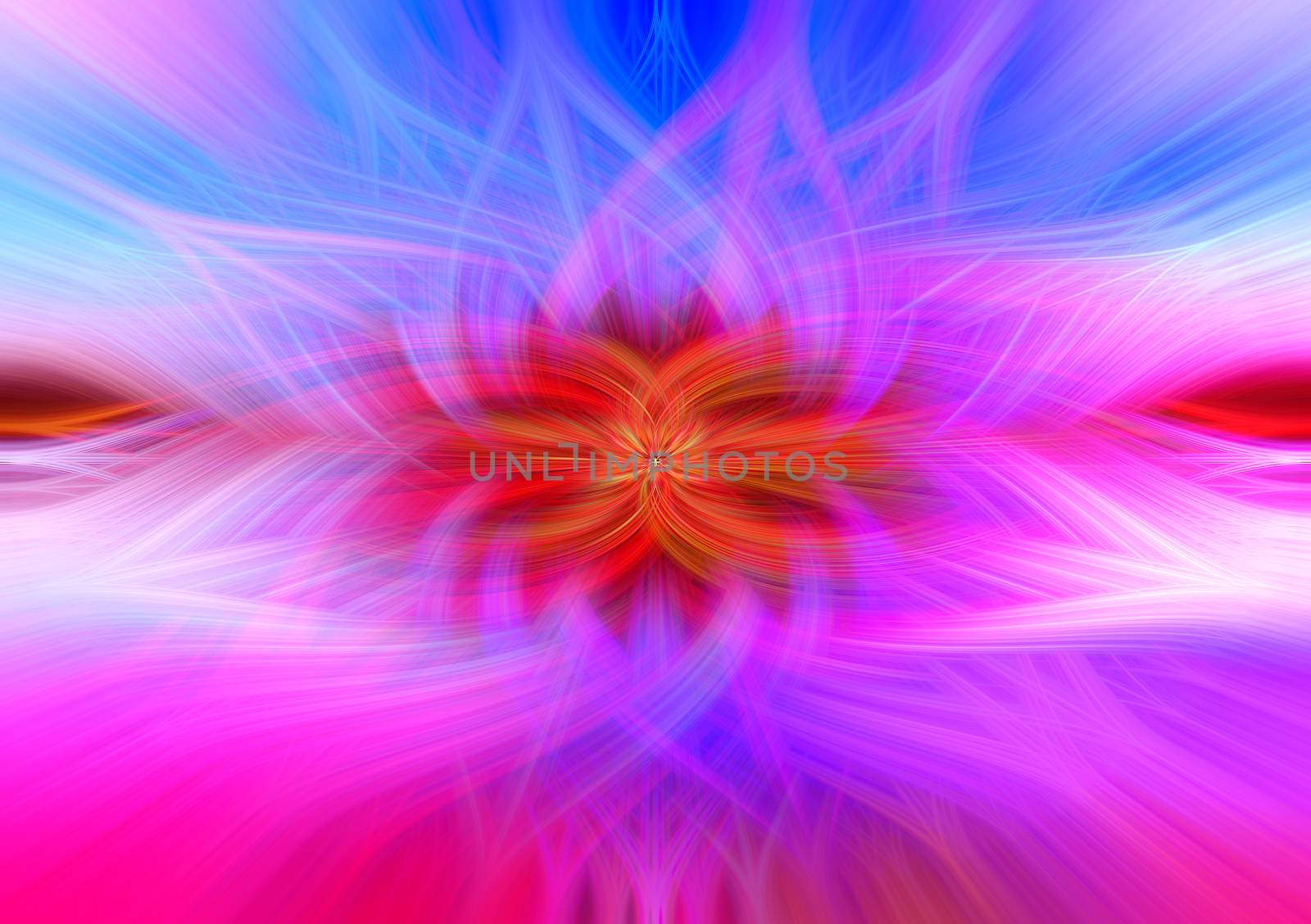 Beautiful abstract intertwined 3d fibers forming symmetrical ornament made of various shapes. Pink, blue, red, purple, and orange colors. Illustration.