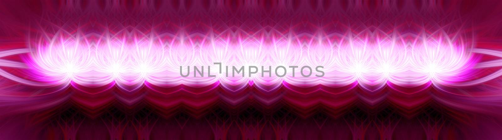 Beautiful abstract intertwined 3d fibers forming a shape of a flower or flame. Purple, red and pink colors. Symmetrical illustration. Panorama and banner size.