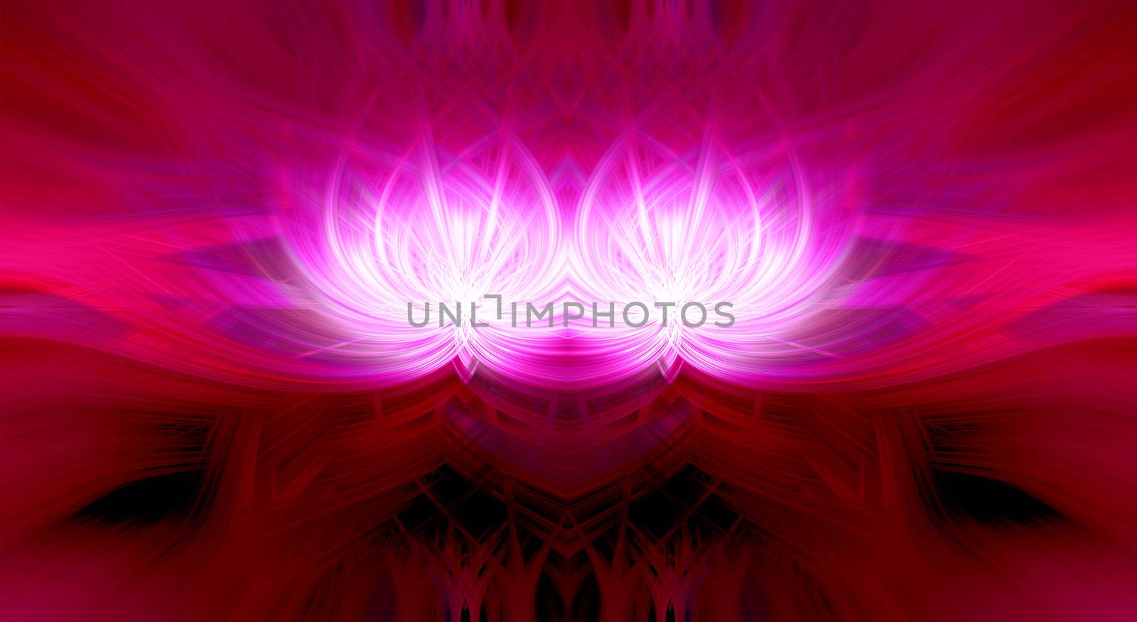 Beautiful abstract intertwined 3d fibers forming a shape of a flower or flame. Purple, red and pink colors. Symmetrical illustration.