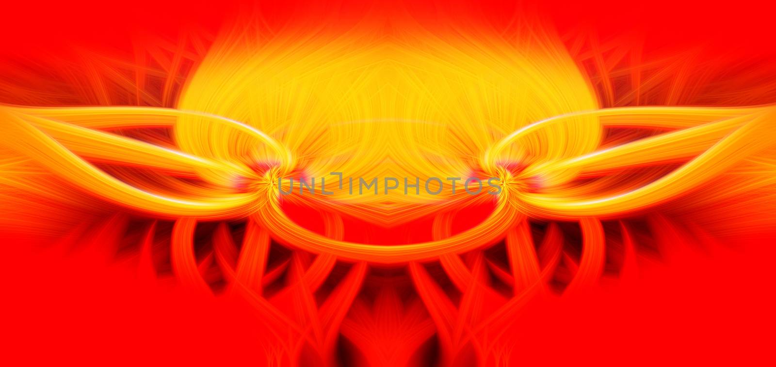 Beautiful abstract intertwined 3d fibers forming a shape of flame and sparkle Yellow, bright and dark red, orange colors. Illustration.