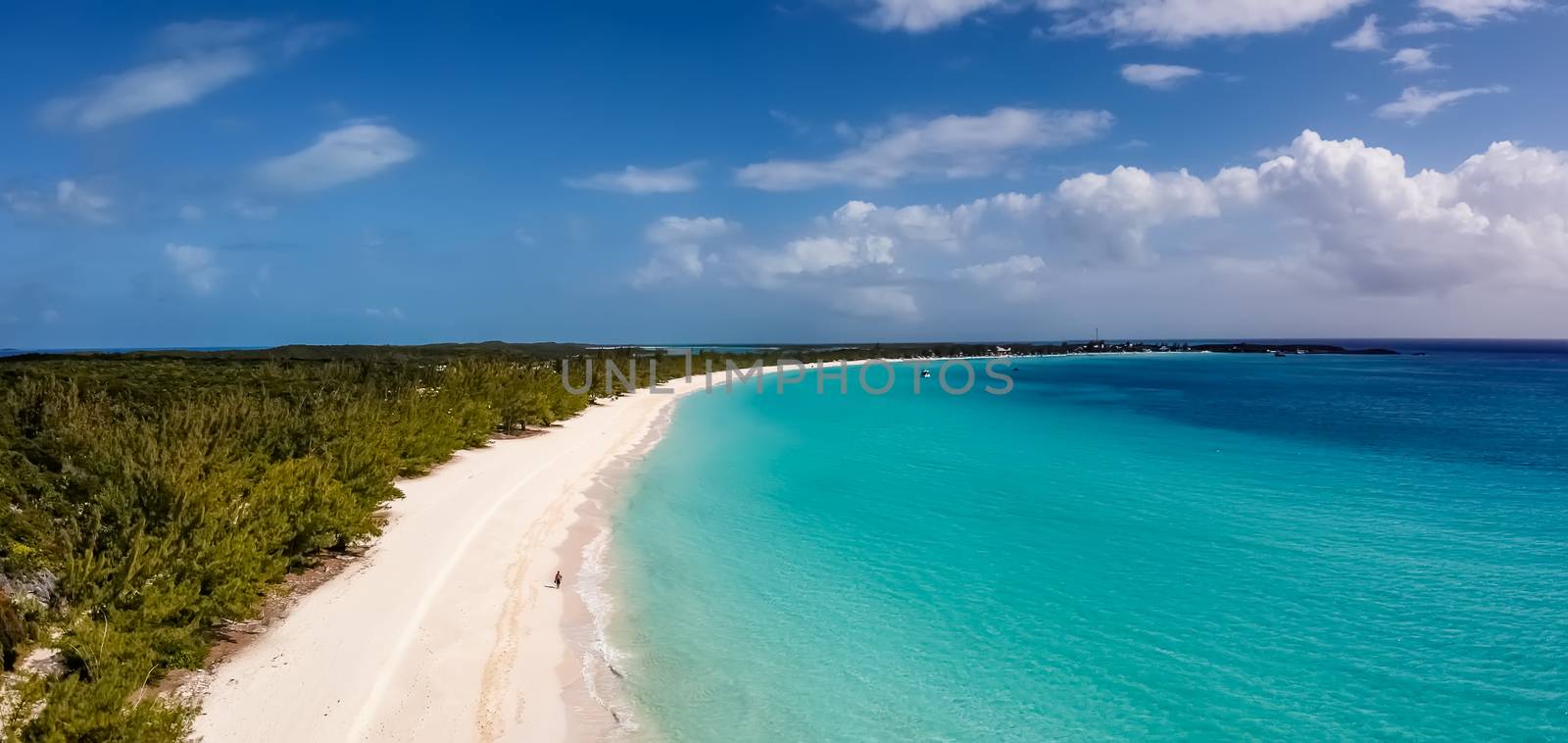 Beautiful aerial view of a sandy beach on Half Moon Cay island in the Bahamas