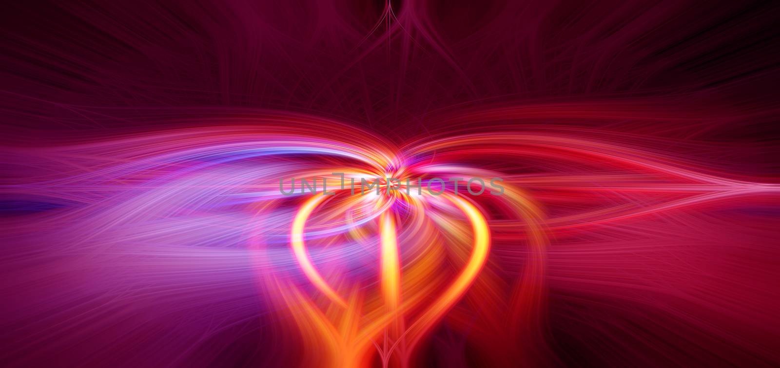 Beautiful abstract intertwined 3d fibers forming a shape of sparkle, flame, flower, interlinked hearts. Pink, blue, maroon, orange, yellow, and purple colors. Illustration.