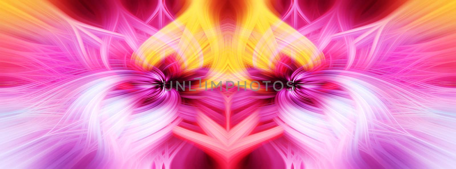 Beautiful abstract intertwined 3d fibers forming a shape of sparkle, flame, flower, interlinked hearts. Pink, blue, yellow, maroon, orange, and purple colors. Illustration. Banner and panorama size